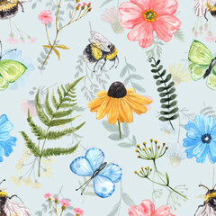 Floral seamless pattern with wildflowers, bees and butterfly on light blue background. Watercolor meadow flowers illustration. Botanical print. Natural wallpaper.