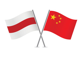 Belarus opposition and China flags. Belarusian opposition and Chinese flags, isolated on white background. Vector illustration.