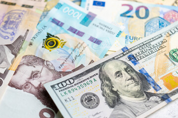 Different currency, dollar, euro and hryvnia banknotes, money