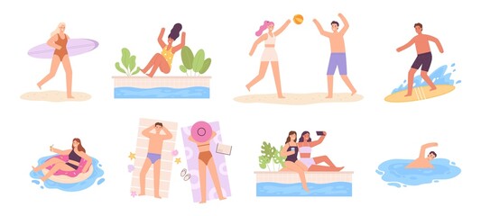 People at summer vacation, swimming, surfing and sunbathing at sea beach. Man and woman characters in swimsuits play volleyball vector set