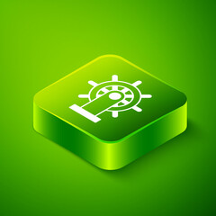 Isometric Ship steering wheel icon isolated on green background. Green square button. Vector