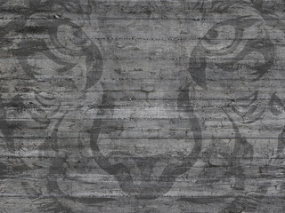 Big grey background with tiger face. Cement or concrete rough surface. Destroyed irregular wall. Best for loft design or wallpaper. 