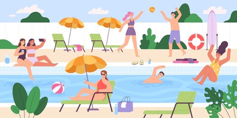 Flat people at outdoor swimming pool summer party. Men and women playing, sunbathing and having fun. Vacation activity event vector scene