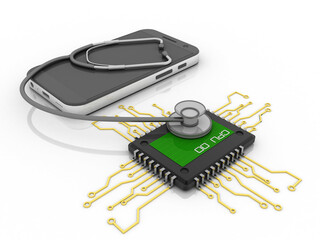 3d rendering microchips with mobile phone protected stethoscope