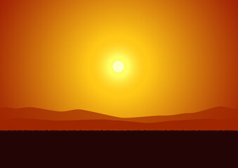 Natural landscape. Sun, mountains, foothills. Vector illustration.