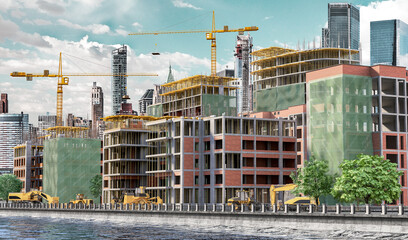 Residential buildings under construction on the banks of the river. 3d illustration
