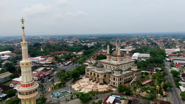 Al Aqsa Klaten Mosque and cityscape, Central Java, Indonesia. Aerial reverse