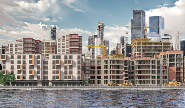 Residential buildings under construction with half finished houses on the river bank. 3d illustration
