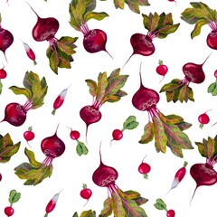 Watercolor pattern with vegetables (beets and radishes)