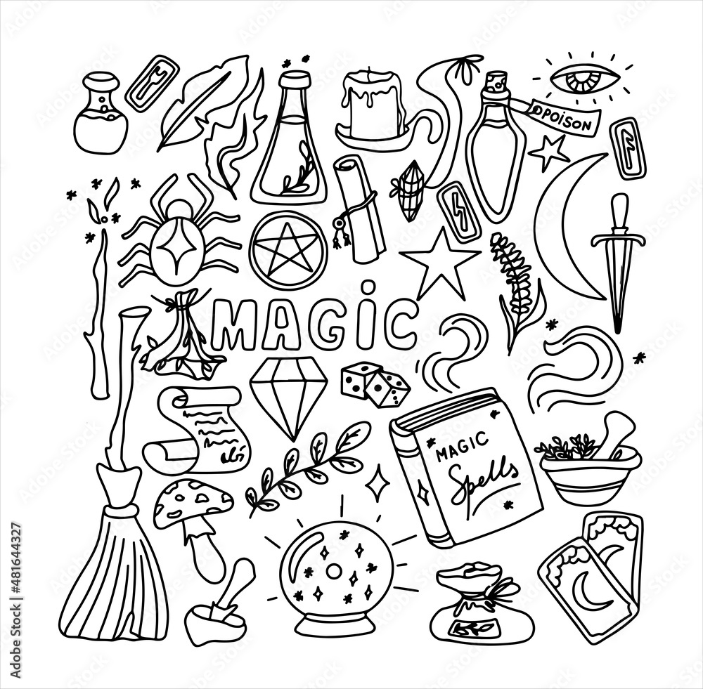 Wall mural magic hand drawn doodle set. vector icons of magic items. collection halloween elements. magic broom