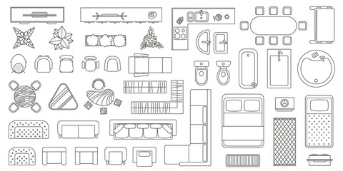 House floor plan furniture top view line icons. Apartment interior blueprint map elements. Table, seats, sofa, bath and toilet vector set © Tartila