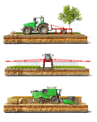 Set of different agricultural machines - tractor for plowing, irrigation machine for spraying, combine for harvesting, isolated on a piece of ground on a white background, 3d illustration © vipman4