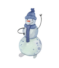 Cute funny winter cartoon character watercolor snowman with a gift present hand drawn in aquarelle isolated on white background.