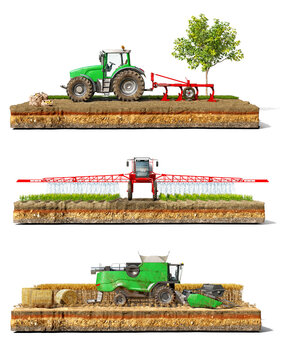 Fototapeta Set of different agricultural machines - tractor for plowing, irrigation machine for spraying, combine for harvesting, isolated on a piece of ground on a white background, 3d illustration