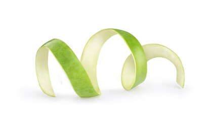 the skin of a green apple lies on a white background