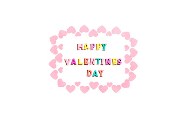Happy Valentines Day. Colorful text with wooden letters and pink confetti hearts isolated on white background. Copy space, top view, flat lay.