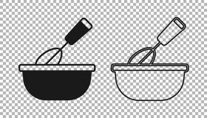 Black Cooking whisk with bowl icon isolated on transparent background. Cooking utensil, egg beater. Cutlery sign. Food mix symbol. Vector