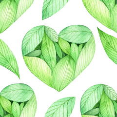 Seamless watercolor pattern on a white background. Green leaves in the shape of a heart and individual leaves. Valentine's Day Flower Packaging