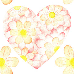 Seamless watercolor pattern on a white background. Flowers with petals in the form of a gradient. Change from yellow to red