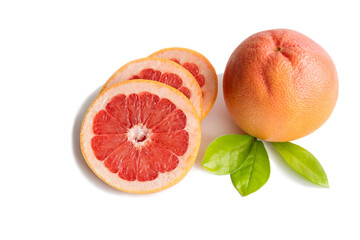 Orange juicy ripe grapefruit whole and cut with leaves on isolated white background. 