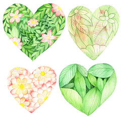 Set of watercolor elements. Floral pattern in the shape of a heart. Valentine's Day. Symbol of love