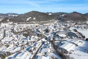Aerial view of winter town Willingen Upland. Hotels and restaurants, church Sankt Augustinus and a...