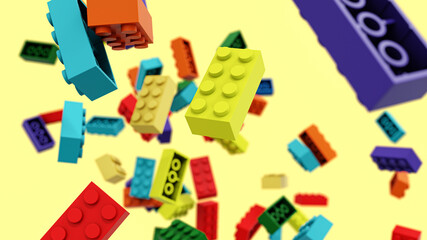 Falling Blog plastic, building block. 3D rendering
