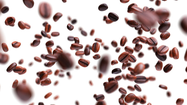 Falling coffee beans isolated on white background. 3d rendering