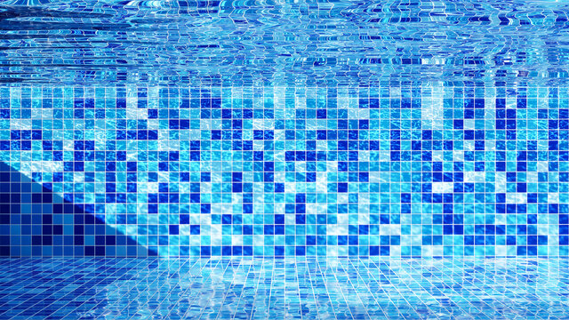 Underwater shot of the swimming pool with blue tile and clear water background. 3d render