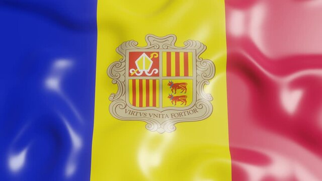 3d render waving flag of Andorra country. National flag in wind background. 4k realistic seamless loop animated video clip
