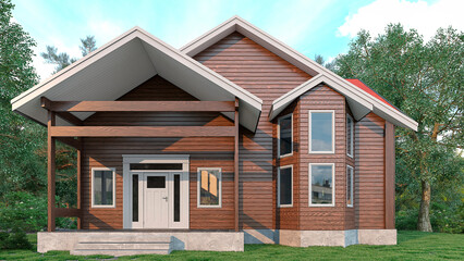 Fototapeta na wymiar Exterior of wooden house with asphalt shingle roof. 3d illustration
