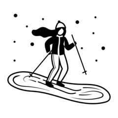 Young Active Woman Skiing In Mountains Concept, Female Skier Vector line Icon Design, Winter Season activity Scene Symbol, Wintertime Sign, Holiday Celebration in Snowy Park Stock Illustration