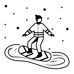 teenage boy snowboarding Concept, Winter Sports Vector line Icon Design, Winter Season activity Scene Symbol, Wintertime Sign, Holiday Celebration in Snowy Park Stock Illustration