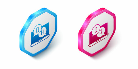 Isometric Speech bubbles with Question and Answer icon isolated on white background. Q and A symbol. FAQ sign. Chat speech bubble and chart. Hexagon button. Vector
