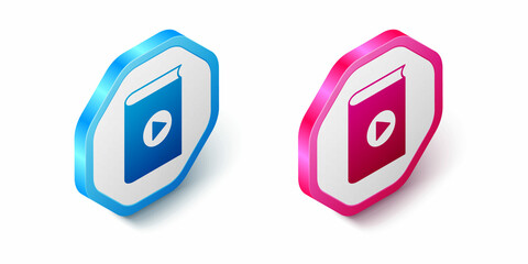 Isometric Audio book icon isolated on white background. Play button and book. Audio guide sign. Online learning concept. Hexagon button. Vector