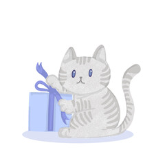 cat with a gift hand drawn cartoon cute vector illustration