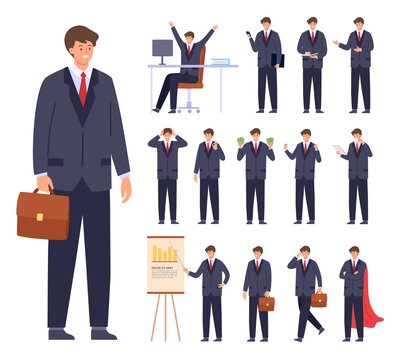 Business man character poses, office worker in suit. Businessman work, run, hold money, worry and happy. Flat boss, busy manager vector set
