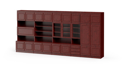 Soviet style big sideboard isolated on white. 3d rendering of large vintage USSR wooden closet with different sections 