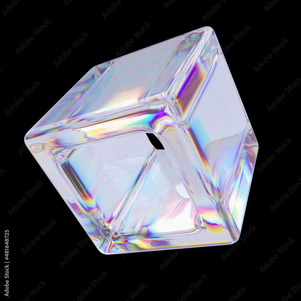 Fototapete futuristic material glass cube, abstract geometric cubic 3d rendering shape, poster design element