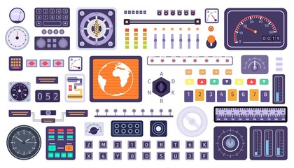 Control panel elements, spaceship switches, buttons, dials and screens. Flat retro spacecraft dashboard console monitor and knob vector set