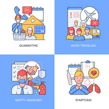 Quarantine and disease - set of line design style colorful illustrations