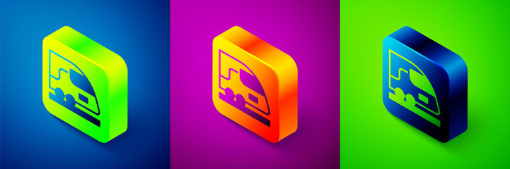Isometric High-speed train icon isolated on blue, purple and green background. Railroad travel and railway tourism. Subway or metro streamlined fast train transport. Square button. Vector