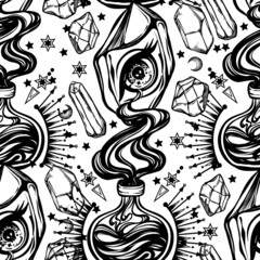 Vector illustration, magic eye in the crystal, Alchemy, spirituality and occultism, print, light  background, seamless pattern, Handmade