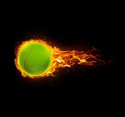 Tennis ball, on fire on black background © Retouch man