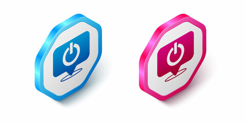 Obraz premium Isometric Power button icon isolated on white background. Start sign. Hexagon button. Vector