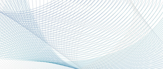 Blue, teal, gray net line art pattern. Communication system concept. Intersecting lines. Minimalistic design. Vector thin curves. White background. Abstract futuristic banner, landing page. EPS10