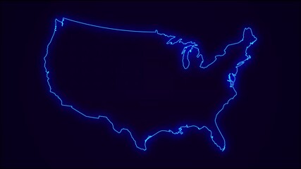 United States of America Map Outline Country Border on dark blue. Neon Lights colorful animation transition. Flag of USA. Animation in neon style. 4k Resolution. - Powered by Adobe