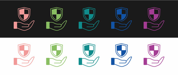 Set Shield in hand icon isolated on black and white background. Insurance concept. Guard sign. Security, safety, protection, privacy concept. Vector