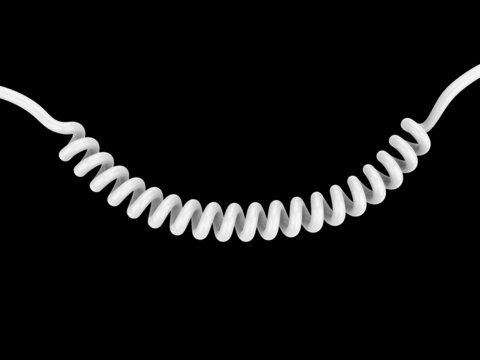 Smooth white coiled cable, slightly curved downward