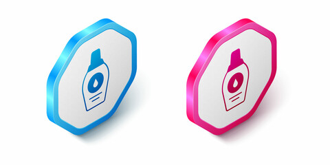 Isometric Bottle of shampoo icon isolated on white background. Hexagon button. Vector
